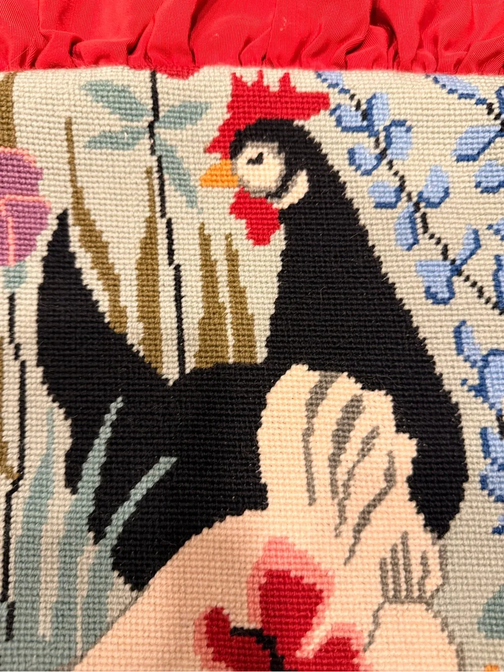 Vintage Rare FW Crafts Persian Wool Needlepoint Rooster & Hen Design Pillow